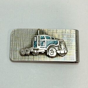 Vintage Silver Tone Semi Truck Money Clip Turquoise Inlay Southwest Style